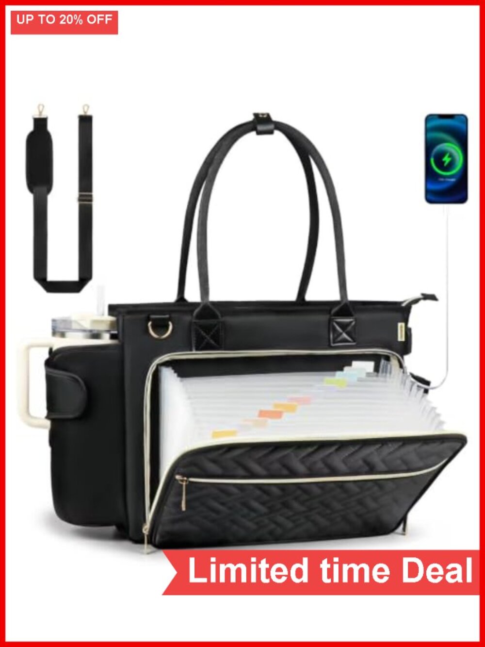 Large Travel Work Tote Bag Women 15.6 Laptop Waterproof Nylon USB Charging